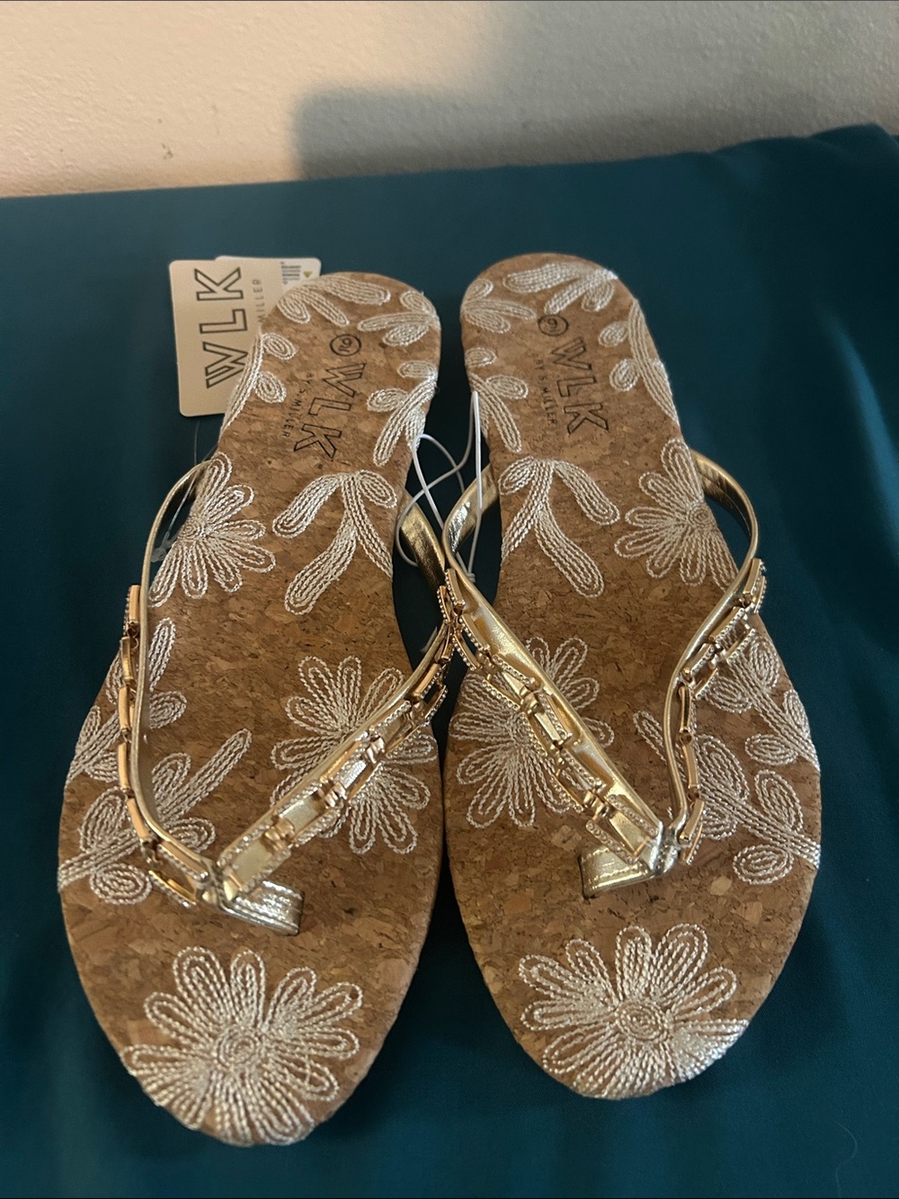 Gold Embellished Cork Thong Sandals - Women